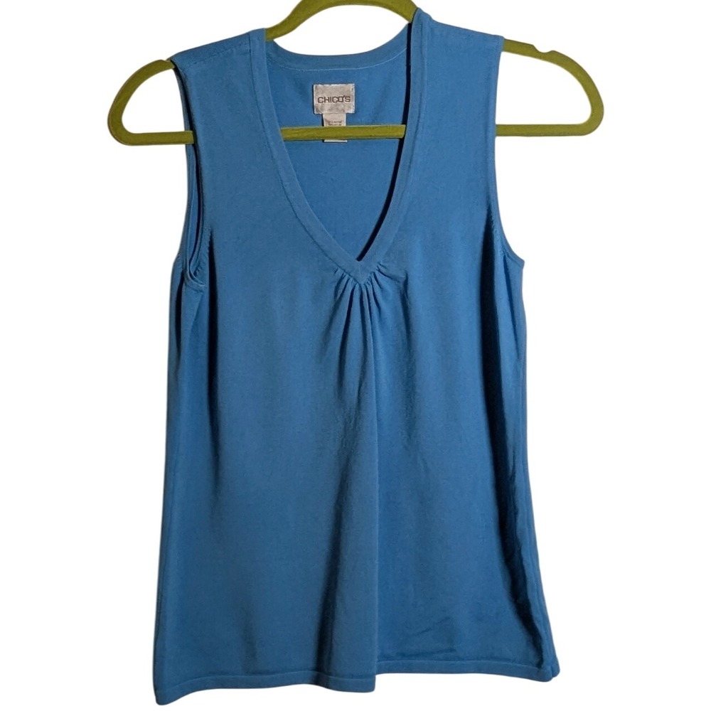 Chicos Blue Sleeveless Knit Top‎ V Neck Pleated Front Casual Tank Size 1